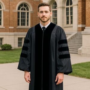 Vintage Doctoral Academic Graduation Gown Black Velvet Trim Size 52/XL Robe